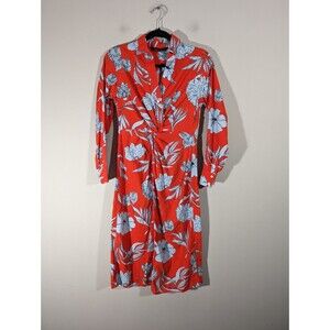 Zara Dress Women Size XS Red Floral Long Sleeve Midi Cotton Front Knot‎